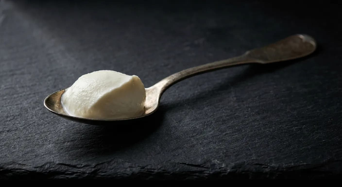Remplacer crème fraîche par fromage blanc : Le Guide Gros plan d'une cuillère de fromage blanc sur fond sombre contrasté