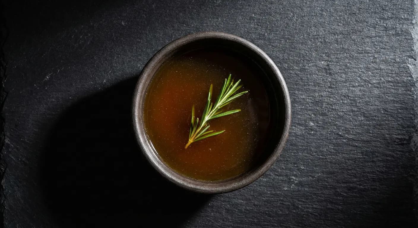 Par quoi remplacer du fond de veau ? 5 astuces de chef Bouillon ambré concentré dans un bol noir minimaliste