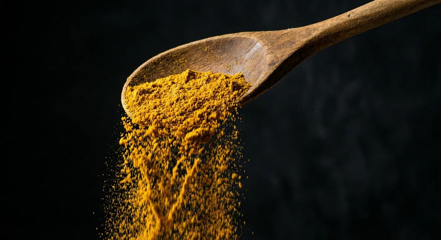 Dosage épices couscous : Quantités pour un goût parfait Gros plan sur une cuillère en bois versant du ras-el-hanout sur un fond sombre et minimaliste.