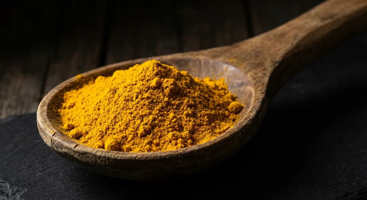 Par quoi remplacer le safran ? 6 alternatives bluffantes Gros plan d'une cuillère d'épice jaune vive sur fond sombre.