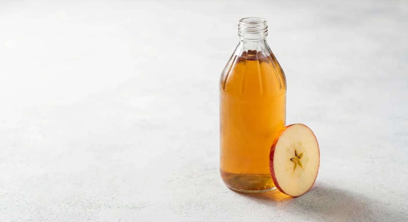 Remplacer le vinaigre de cidre par quoi ? Astuces Une bouteille de vinaigre de cidre et une tranche de pomme sur fond neutre