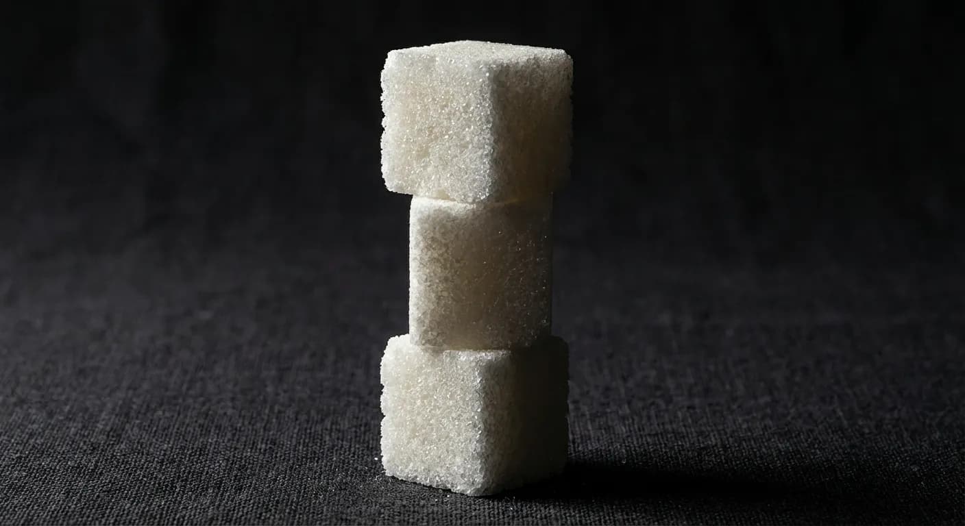 30 morceaux de sucre en gramme : le poids exact Gros plan minimaliste de morceaux de sucre sur fond noir contrasté.