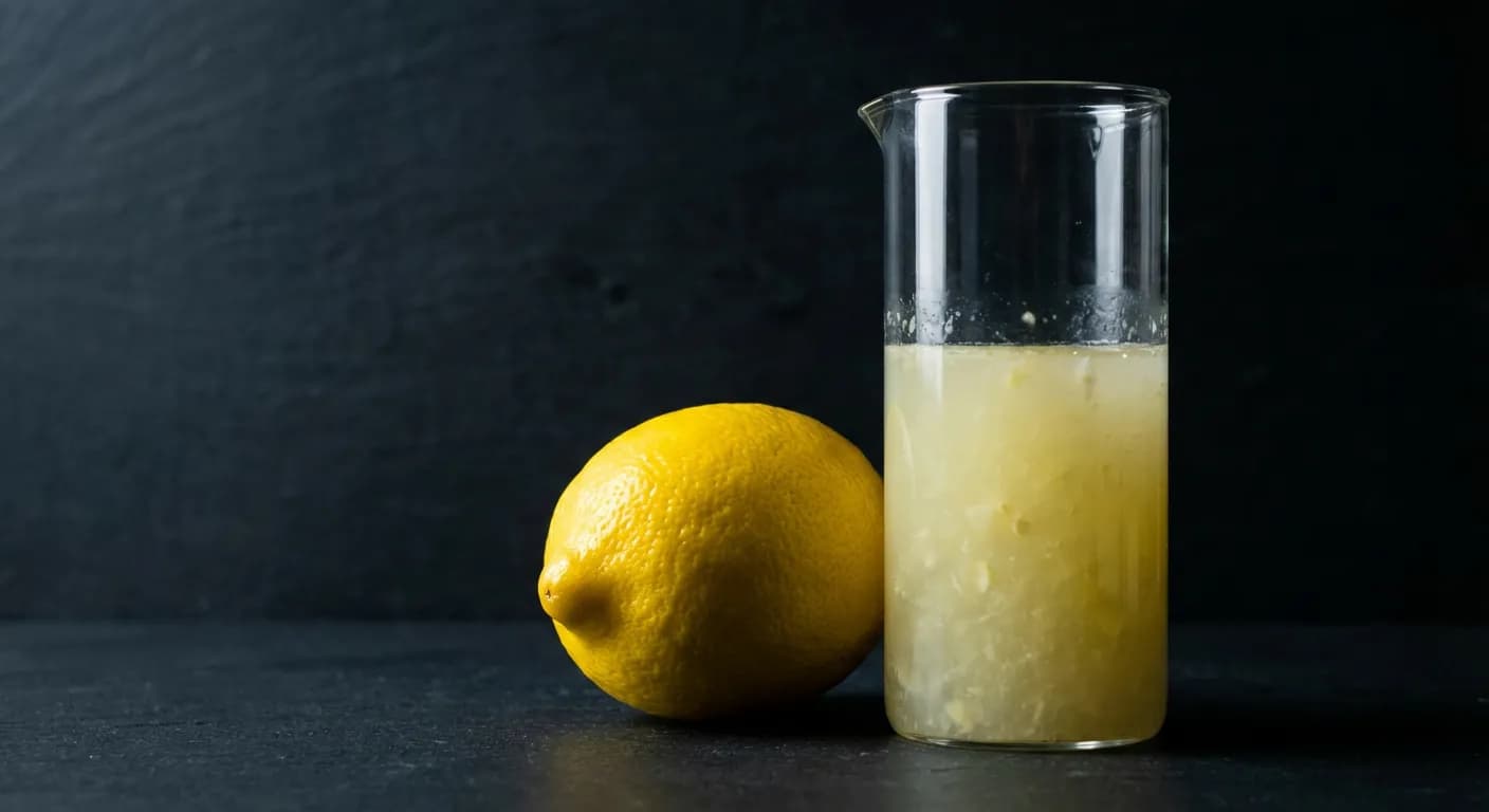 Jus d'un citron en ml : Quantité, dosage et équivalences Citron jaune et doseur de jus sur fond sombre contrasté.