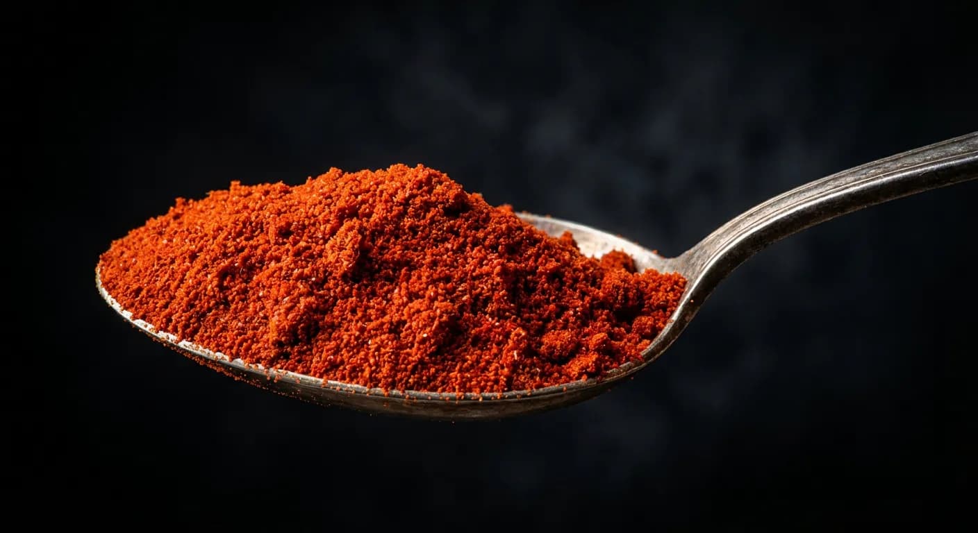 Par quoi remplacer du paprika ? Nos alternatives Cuillère d'épice rouge vibrante sur fond sombre