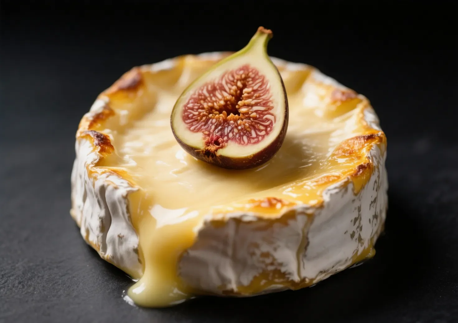 Accompagnement camembert au four : idées gourmandes et astuces de chef Gros plan sur un camembert au four doré avec une tranche de figue