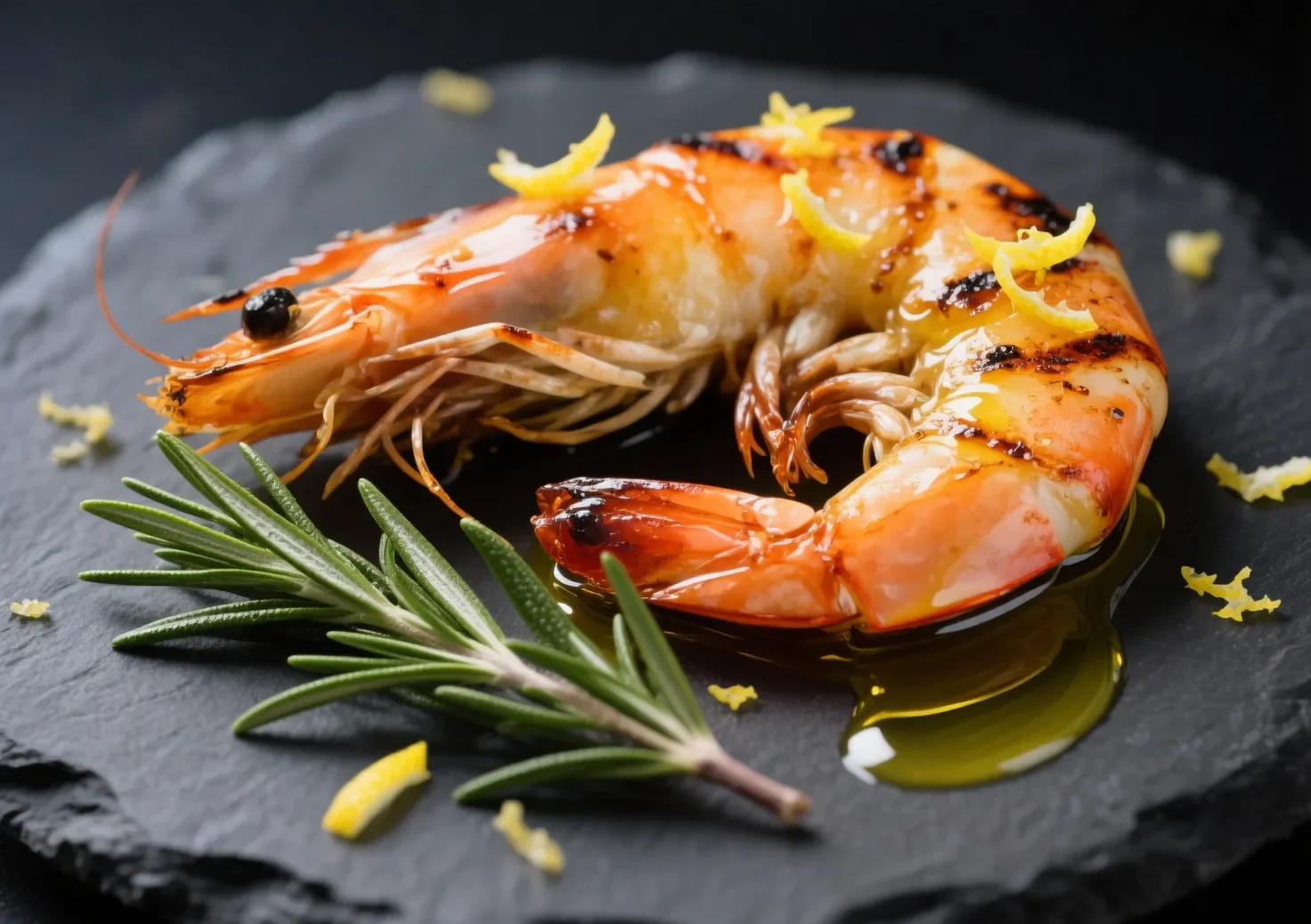 Accompagnement gambas grillées : idées et astuces pour un repas parfait Gambas grillées sur une ardoise noire avec zestes de citron et romarin