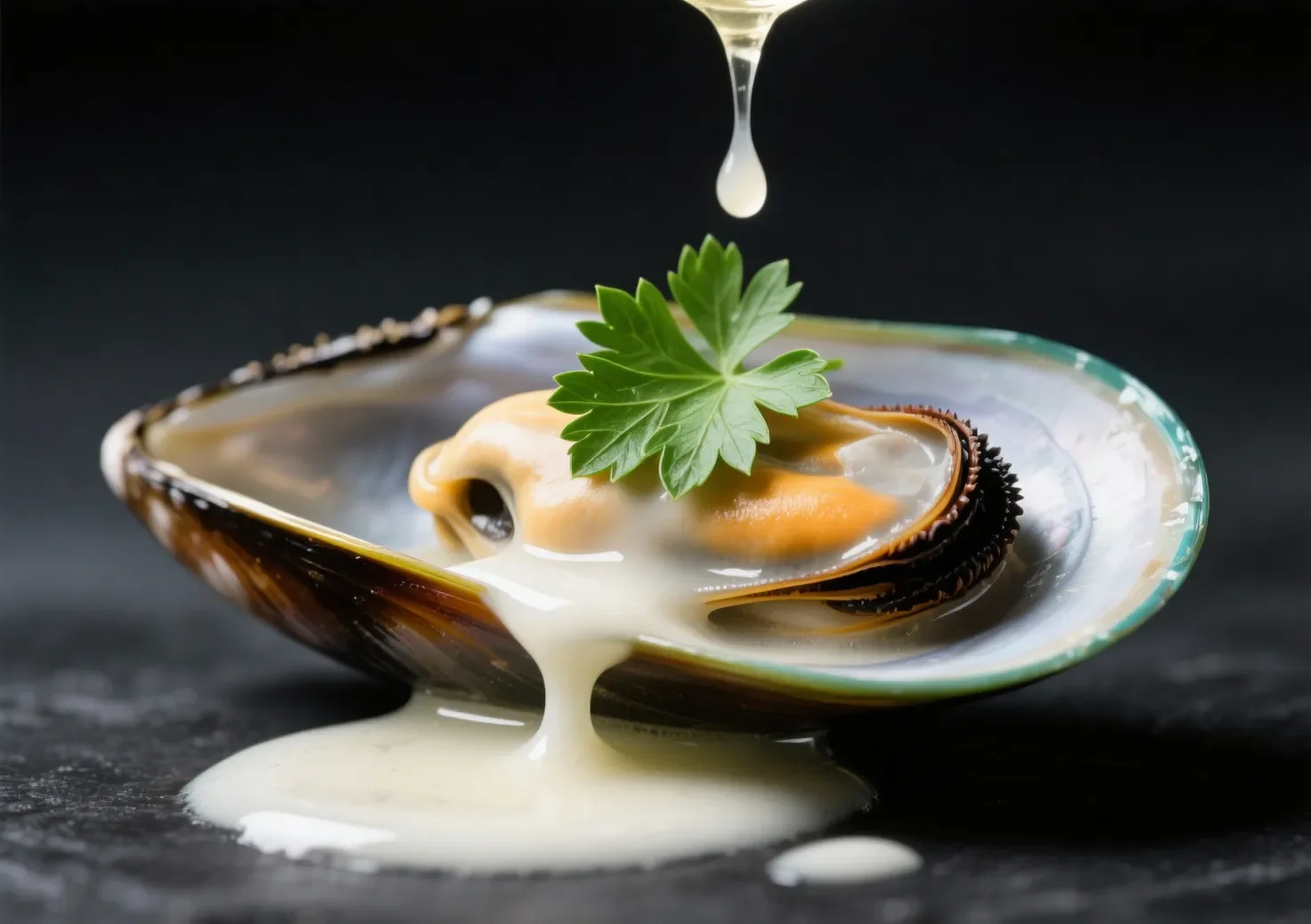 Accompagnement moules marinières : idées et astuces pour un repas parfait Gros plan sur une moule marinière avec sauce au vin blanc