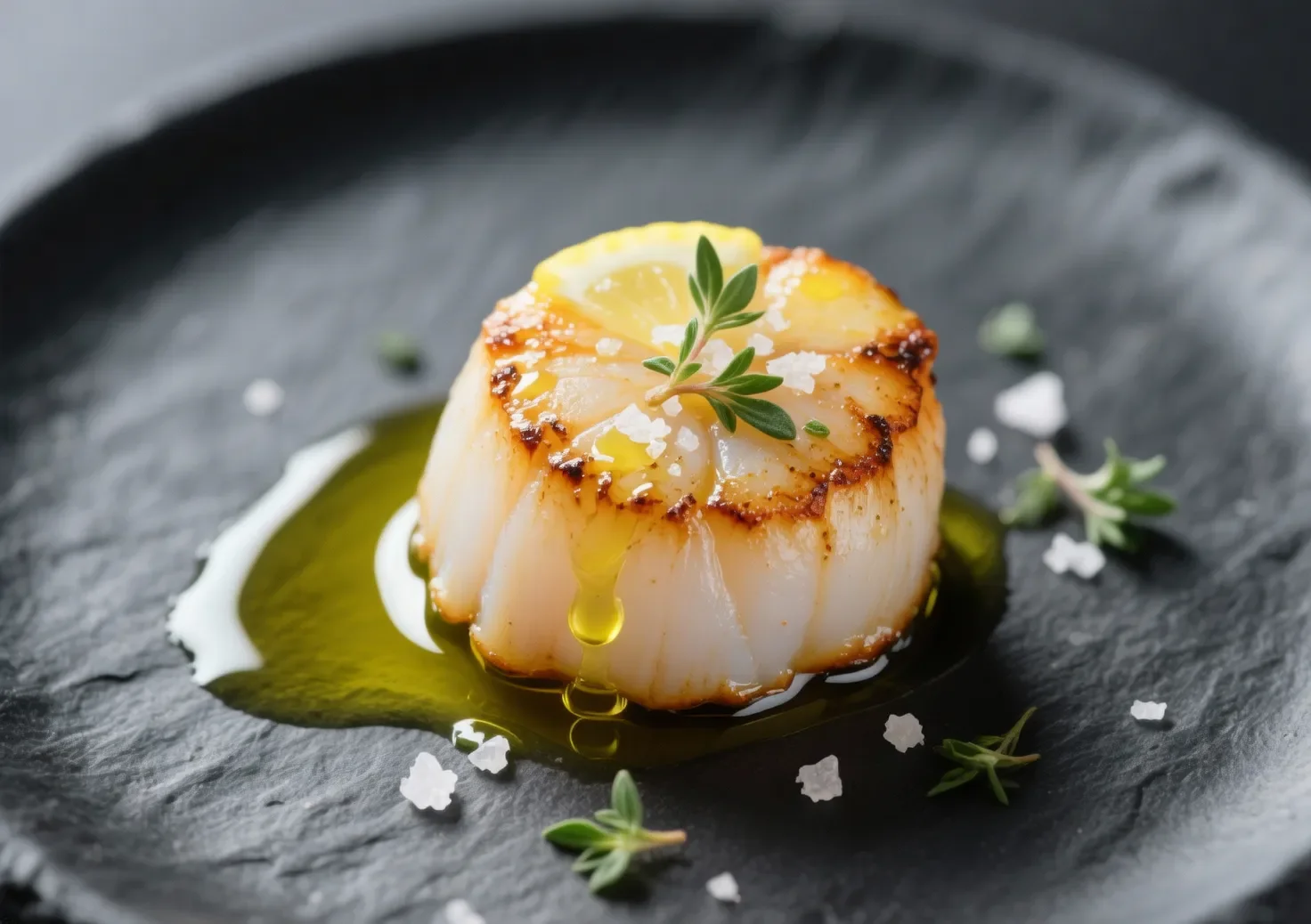 Accompagnement noix de Saint-Jacques : idées et astuces pour les cuisiner comme un chef Gros plan sur une noix de Saint-Jacques poêlée, arrosée d'huile d'olive citronnée et d'herbes fraîches