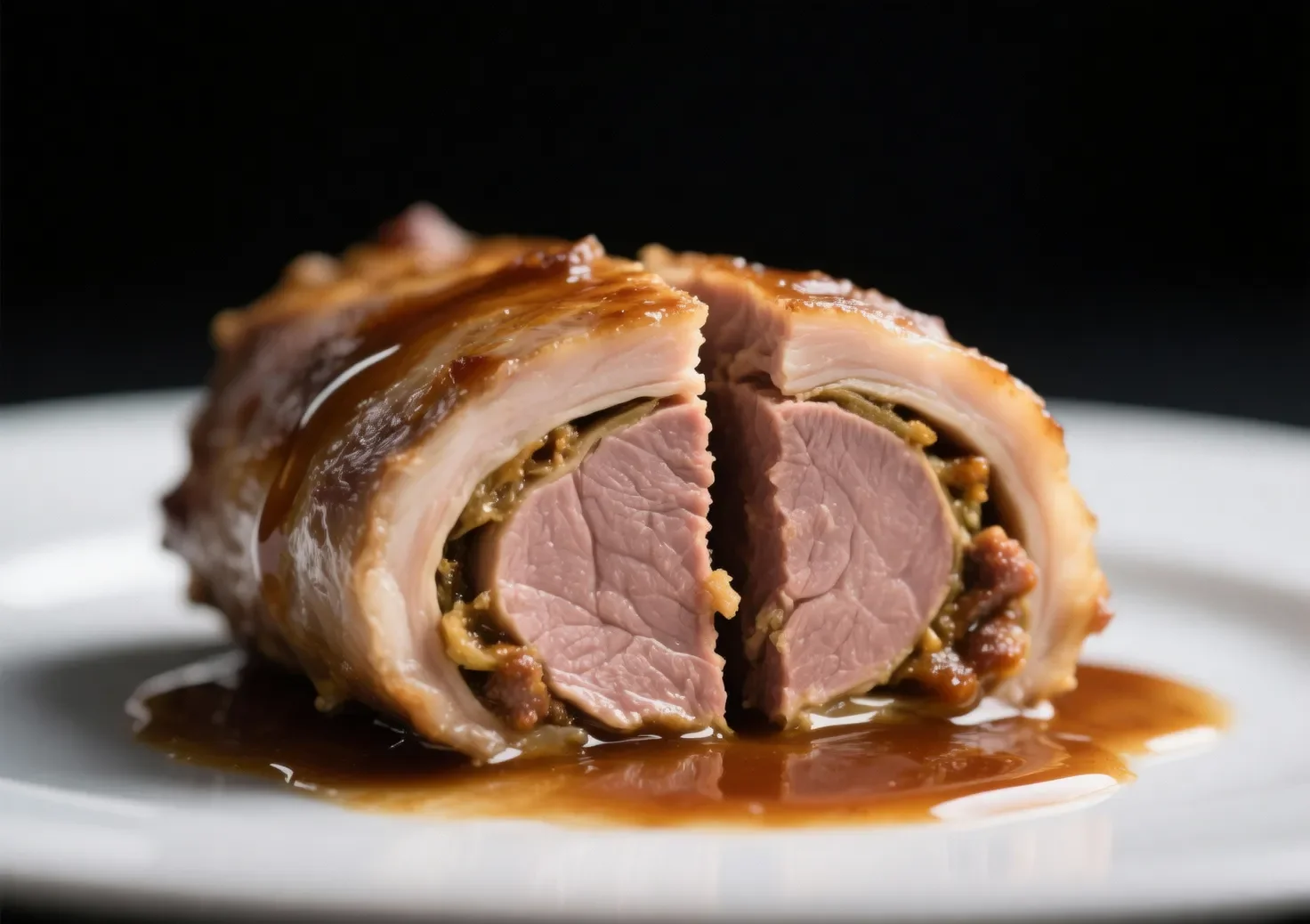 Accompagnement paupiettes de veau : idées et astuces pour un repas parfait Détail d'une paupiette de veau coupée en deux, révélant sa farce savoureuse et sa sauce onctueuse