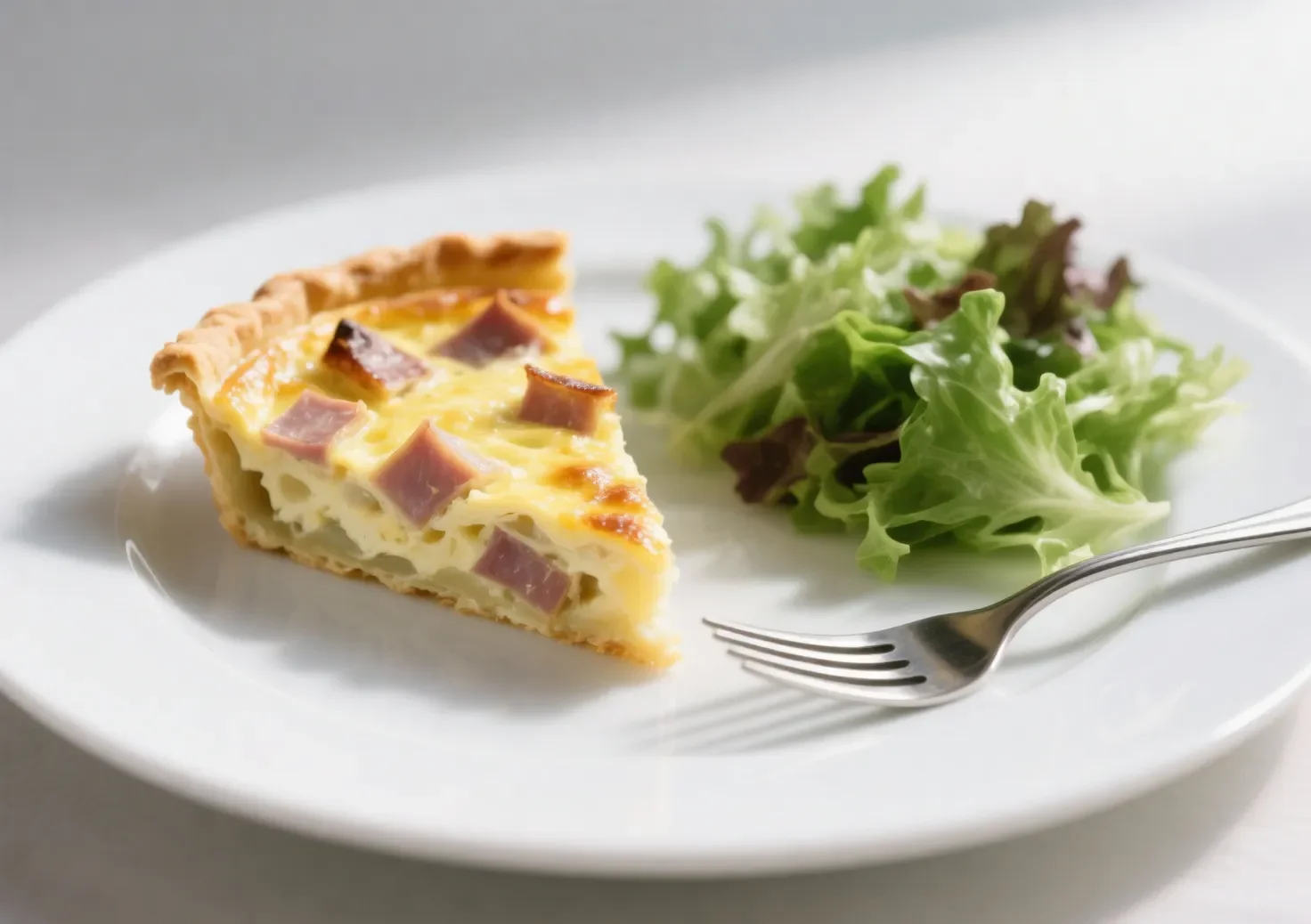 Accompagnement quiche lorraine : idées gourmandes et astuces de chef Tranche de quiche lorraine accompagnée d’une salade verte fraîche, dressée sur une assiette blanche.
