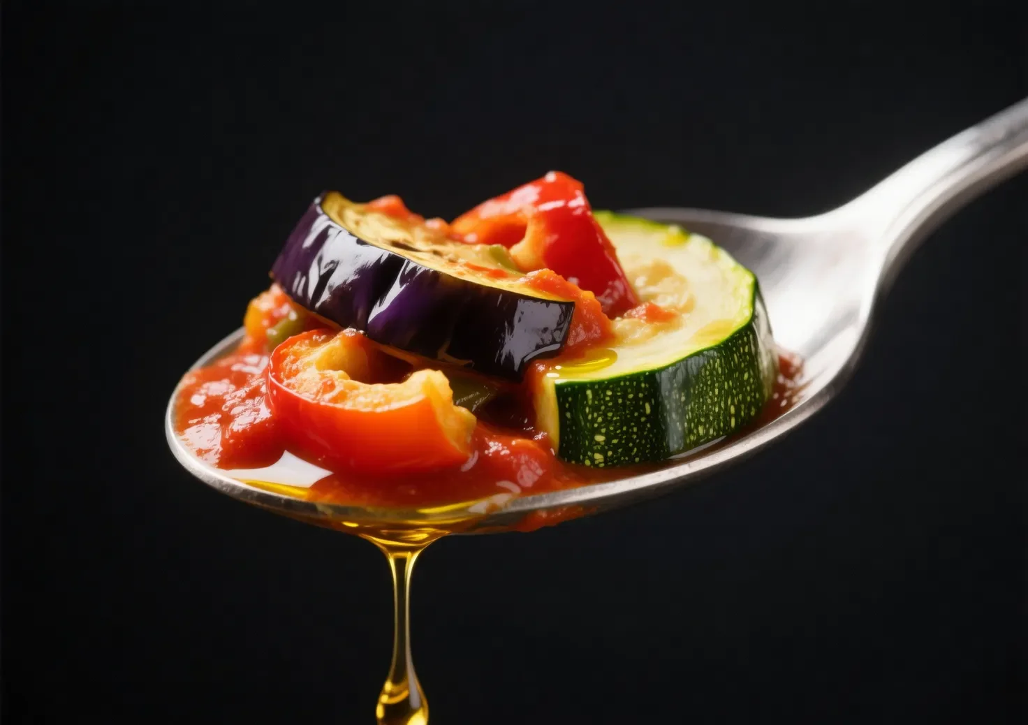 Accompagnement ratatouille : idées et astuces pour un repas parfait Gros plan sur une cuillère de ratatouille, légumes fondants et sauce tomate